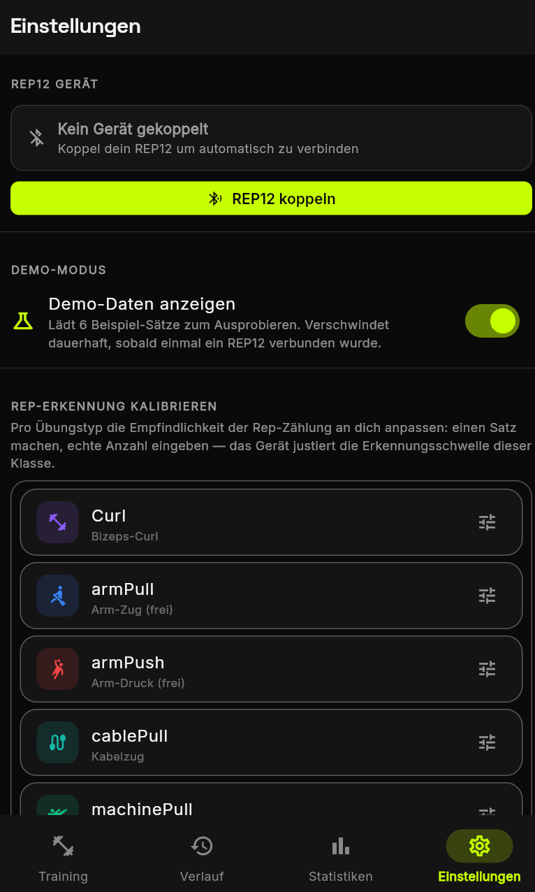 REP12 App, Einstellungen